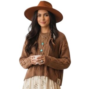 We The Free Brown Heirloom Cotton Oversized Chunky Cable Knit Cropped Sweater L